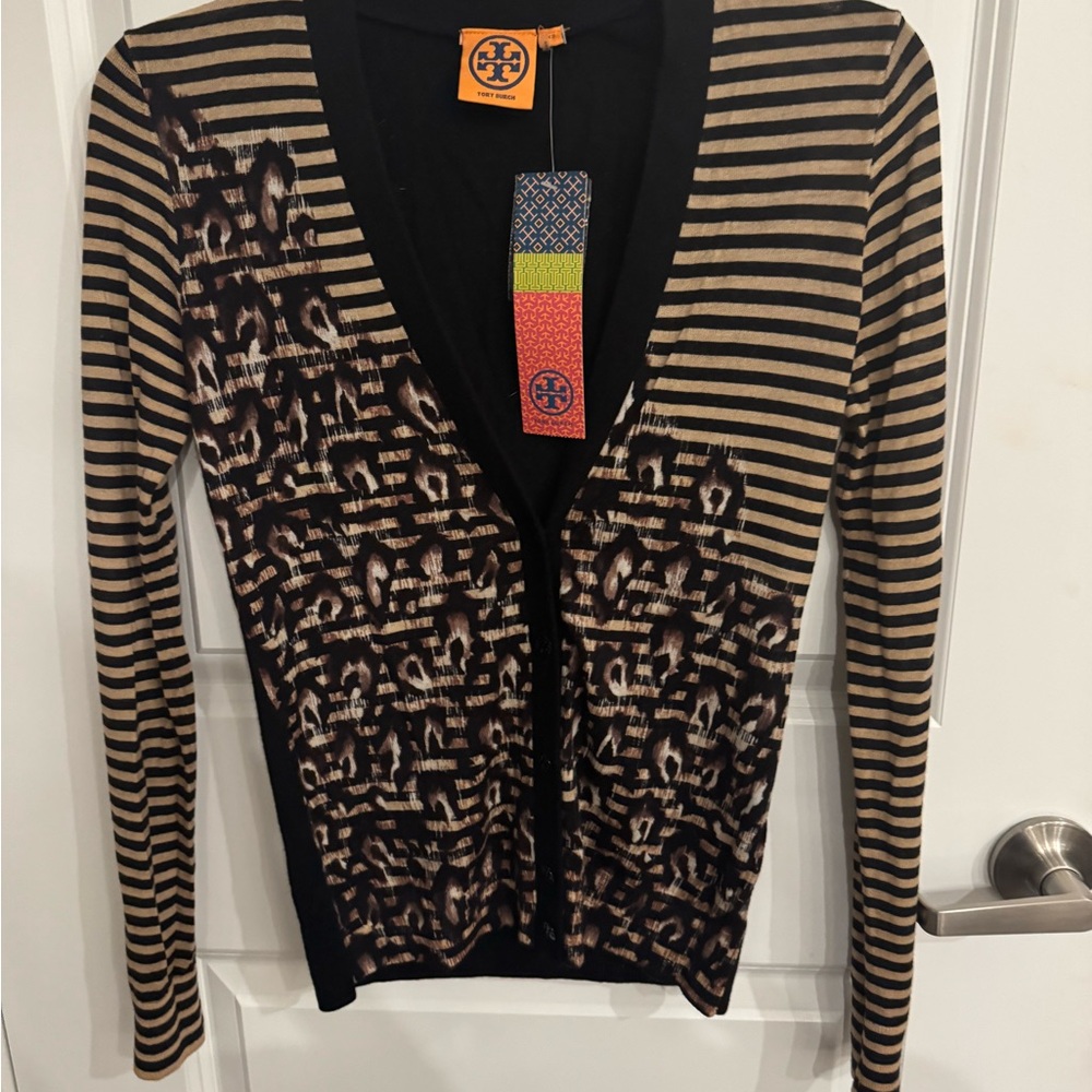 Tory Burch Black and Tan Striped Cardigan